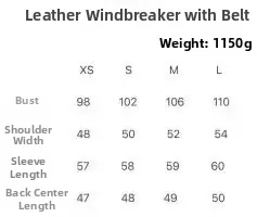 Detailed size chart for belted leather biker jacket with XS to L measurement guidelines
