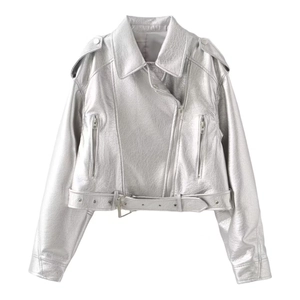 Metallic silver faux leather biker jacket with asymmetrical zipper and waist belt detail