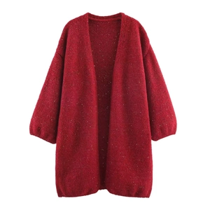 Women's autumn red knit cardigan featuring colorful specks and a loose fit design