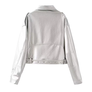 Silver metallic faux leather biker jacket with lapel collar and cropped fit, back view