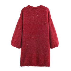 Deep red long knit cardigan with drop shoulders and subtle shimmering texture detailing