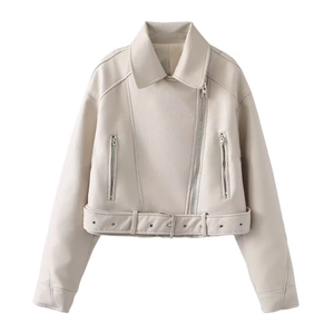 Classic cream faux leather biker jacket with asymmetric zipper and adjustable belt