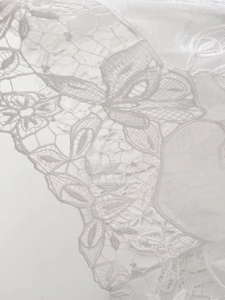 Vue macro d'un tissu de dentelle blanche délicate avec broderies florales complexes