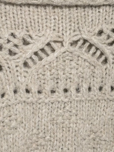 Detailed close-up of chunky knit pattern with hollow-out design in oatmeal gray wool blend