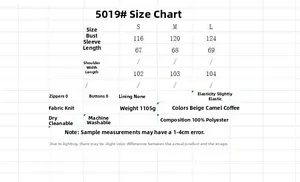 Tableau des tailles pour manteau long en tricot ample avec buste et longueur