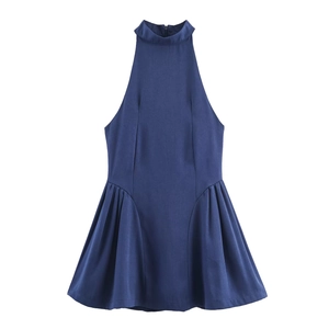 Robe Courte Dos Nu pour Femmes Couleur Unie Plissée Coupe Trapèze Sans Manches Élégante Robe de Soirée pour Femmes Bureau