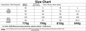 Size chart for women's faux fur jacket with measurements for XS to L sizes