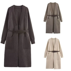 Cardigan En Tricot Extra Long Pour Femmes Avec Ceinture Coupe Ample Col En V Tricot Épais Poches Veste Décontractée