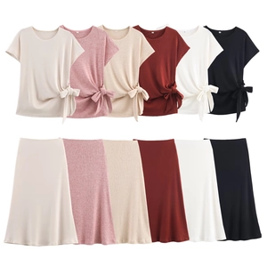 Women Trendy Casual Polyester Top And Bottom Knotted Round Neck Short Sleeve Top Midi A-Line Skirt Pleated Streetwear Apparel