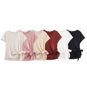 Women's short sleeve t-shirt set with knot detail in multiple colors on white background