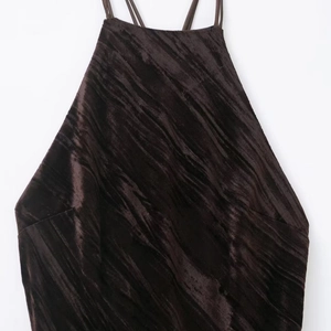 Elegant dark brown crushed velvet halter neck dress with fringe detailing for women