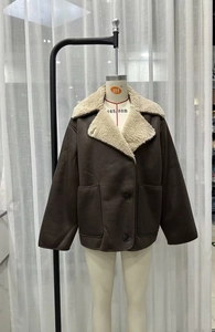 Detail of faux shearling collar and dark brown suede texture on a chic winter jacket