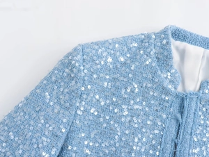 Detail of light blue tweed jacket with sparkling sequins and white inner lining