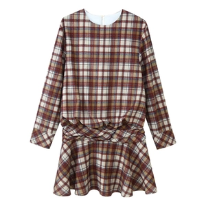 Robe Mi-longue À Manches Longues Pour Femmes Motif À Carreaux Col Rond Taille Nouée Ourlet À Volants Élégante Décontractée