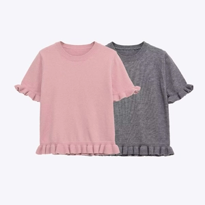 Top a Manica Corta in Maglia da Donna con Dolce Bordo in Volant Girocollo Tinta Unita Elegante Pullover da Pendolare Maglieria Casual