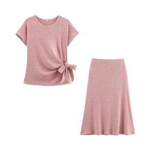 Women's dusty pink two-piece set with knot-detail top and midi A-line skirt