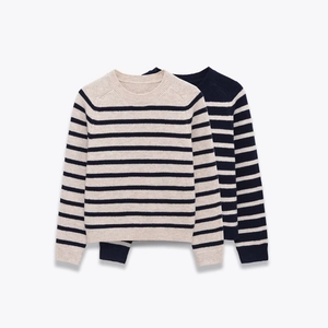 Women Casual Striped Knit Sweater Long Sleeve Crew Neck Ribbed Cuffs Soft Pullover Fashion Autumn Winter Warm Knitwear Top