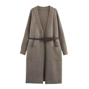 Gilet mi-long en maille pour femme avec ceinture, col en V et grandes poches latérales