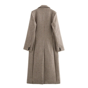 Classic houndstooth check long wool coat for women in brown and beige colors, back view