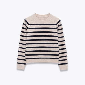 Classic striped crewneck knit sweater in beige and navy, elegant long sleeve wool jumper
