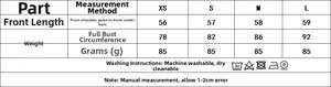 Size chart for lace satin top showing measurements for XS to L with washing symbols