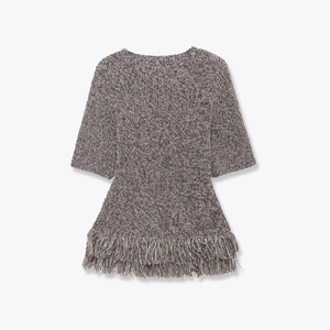Women Elegant Round Neck Short Sleeve Knit Top Bohemian Fringe Hem Melange Polyester Knitted Sweater For Autumn Winter