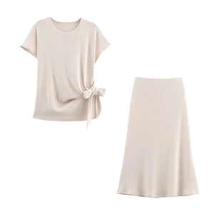 Women's beige casual two-piece set with knot-detail short sleeve top and midi A-line skirt