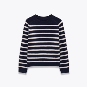 Classic navy and white striped knit sweater with round neck and ribbed cuffs