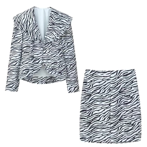 Ensemble Jupe Midi Taille Haute et Veste à Manches Longues à Imprimé Zèbre pour Femmes Tenue de Mode d'Automne Haut et Bas