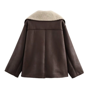 Back view of brown faux leather shearling jacket with warm cream sherpa collar