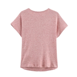 Detail of soft knit t-shirt fabric texture and round neck design in dusty rose pink