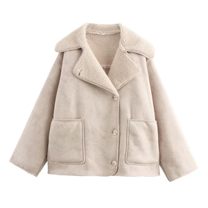 Chic beige faux suede jacket with warm white shearling collar and front patch pockets