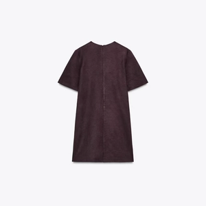Dunkelviolettes Kurzarm-Minikleid mit Rückenreißverschluss und mattem Wildleder-Finish