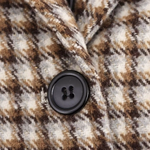 Women's plaid long coat in wool blend with gold metallic threads and black button detail