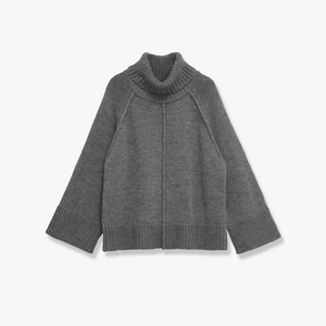 Women Turtleneck Raglan Sleeve Knit Sweater Loose Solid Grey Ribbed Cuffs Casual Warm Polyester Pullover Fall Winter Top