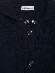 Detail of navy knit cardigan featuring hollow-out patterns and glossy black buttons