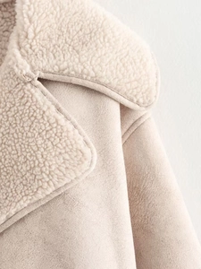 Detail of faux suede jacket with thick cream shearling lapel and fine stitching
