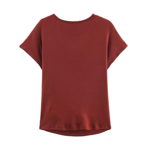 Close-up of the soft ribbed texture and stitch detail on a dark red short sleeve top
