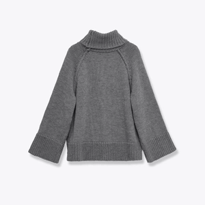 Women's dark grey high neck knit sweater with relaxed fit and ribbed cuffs