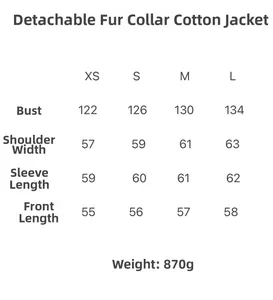Size chart for winter cotton jacket with detachable faux fur collar and measurements