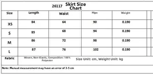 Detailed size chart for the women's satin midi skirt including length, waist, and hips measurements
