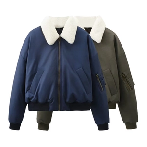 Women's Casual Distressed Bomber Jacket With Faux Fur Collar Thick Padded Warm Winter Coat Zip Up Ribbed Trim Outerwear