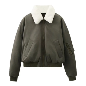 Army green bomber jacket with white faux fur collar and ribbed knit trim on white background