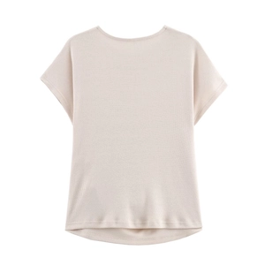 Close-up of beige short sleeve top showing soft ribbed knit texture and round neckline
