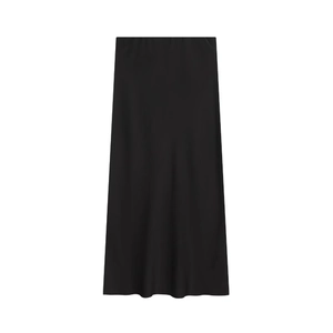 Detail view of high waist black satin midi skirt with smooth texture and elastic waistband