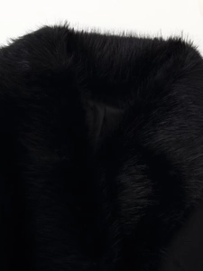 Close-up of premium black faux fur collar with dense texture and smooth inner lining