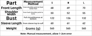 Size chart for women casual winter jacket showing length, shoulder, and bust measurements