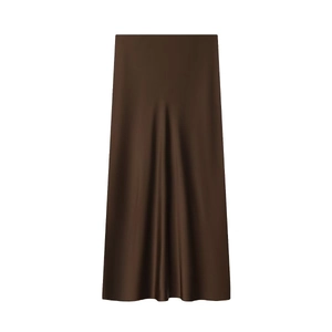 Elegant high-waist brown satin midi skirt with a smooth glossy finish and A-line silhouette