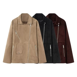 Women Faux Suede Biker Jacket Asymmetrical Zipper Moto Coat Loose Lapel Solid Color Outerwear Long Sleeve Commuter Fashion