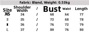 Size chart detail for sleeveless slim dress with blended fabric and weight information